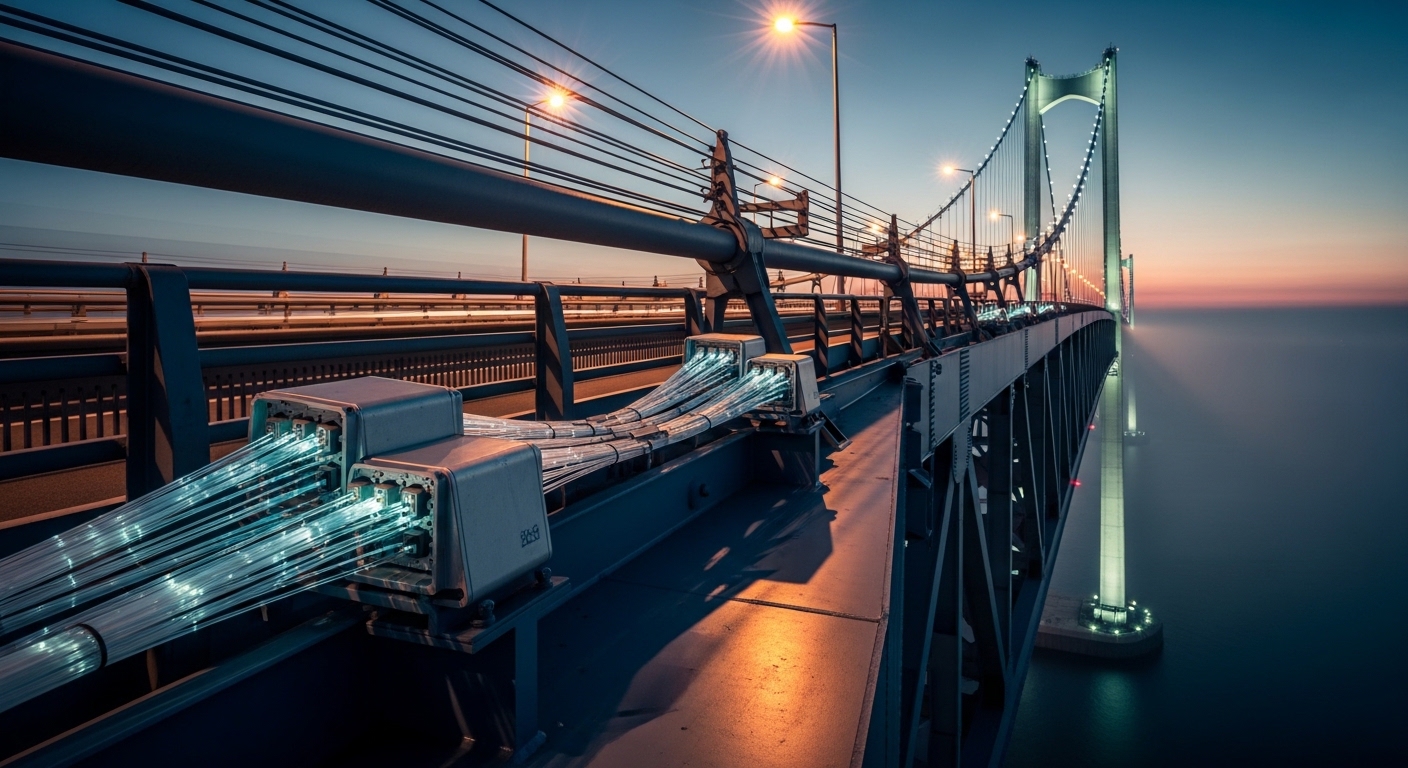 Cinematic editorial photograph of IoT bridge optics, Bridge and Structural Monitoring Fiber Networks, dramatic lighting, phot