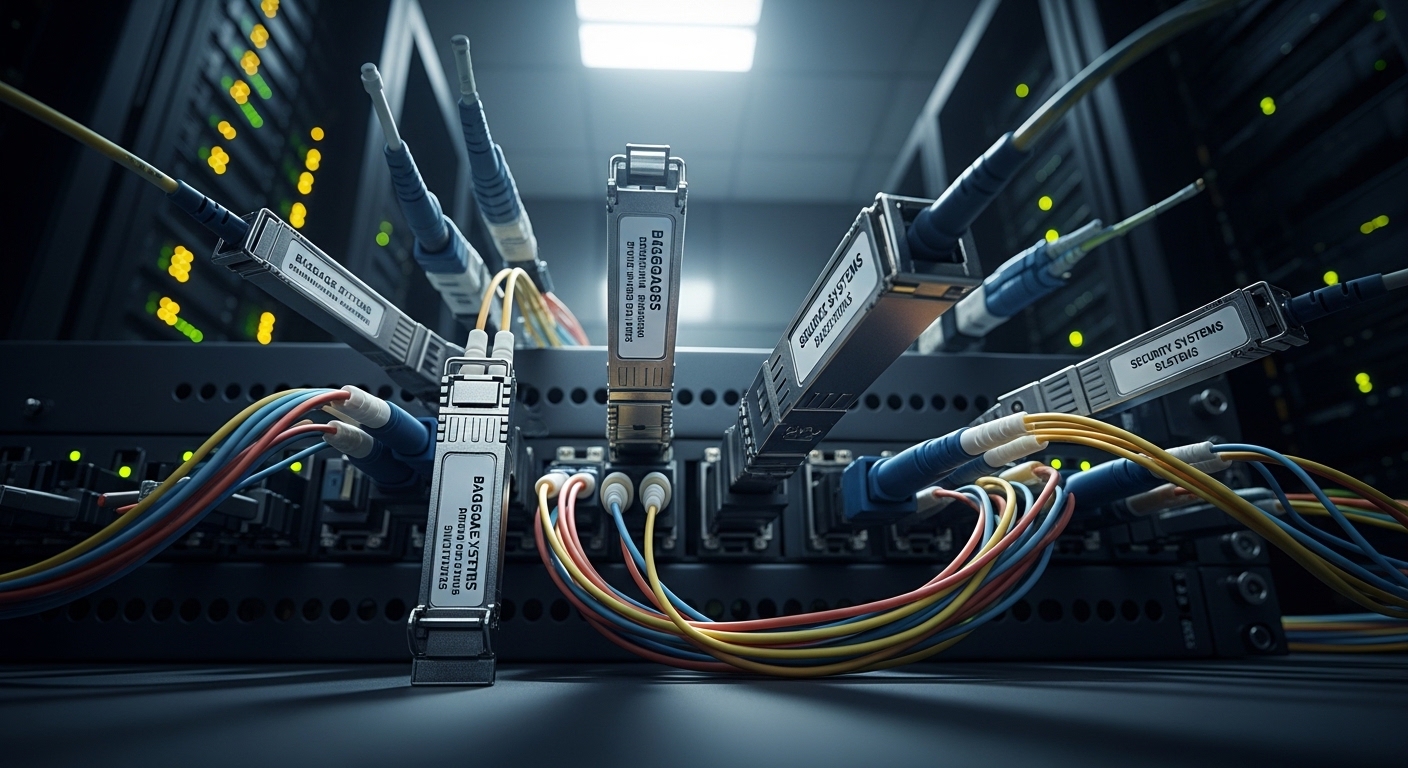 Cinematic editorial photograph of security network optics, Airport Fiber Networks: SFP for Baggage and Security Systems, dram