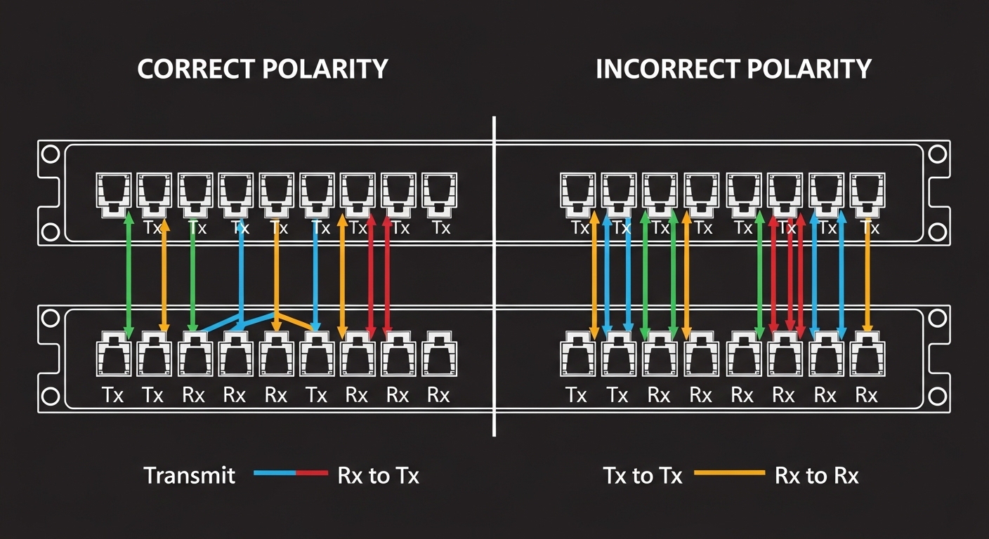 Engineering illustration with clean vector style, diagram of an LC fiber patch panel showing Tx/Rx polarity arrows, DOM telem
