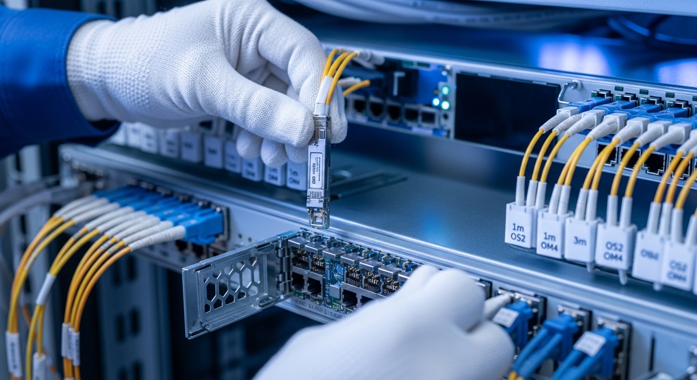 Close-up photography inside a telecom rack bay: a technician’s gloved hands holding a 10G SFP+ optical transceiver above an o