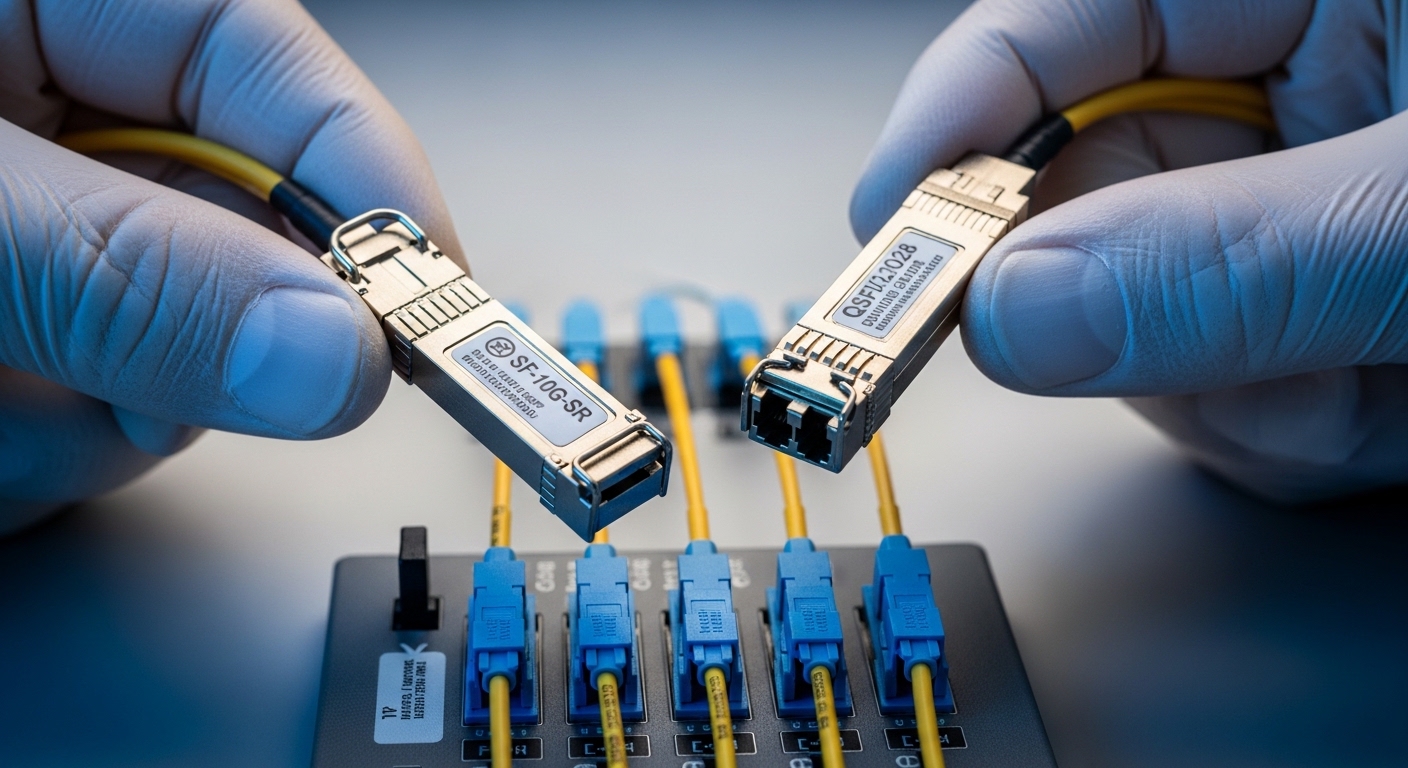 Ultra-realistic macro product photography of two pluggable optical transceivers (SFP-10G-SR style and a QSFP28 25G/100G style
