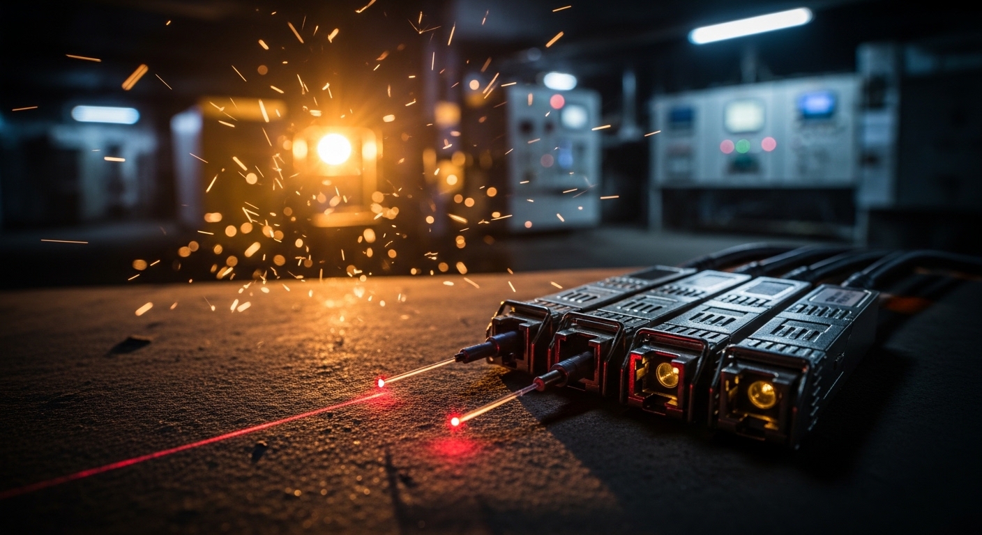 Cinematic editorial photograph of mining SCADA optics, SFP for Mine Automation and Ventilation Systems, dramatic lighting, ph