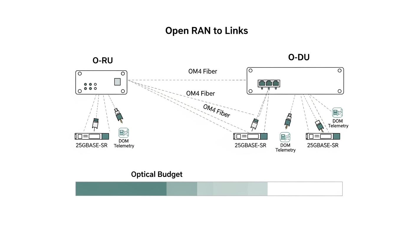 Minimalist engineering illustration of an Open RAN rack: a diagram showing O-RU to O-DU links with labeled OM4 fiber, 25GBASE