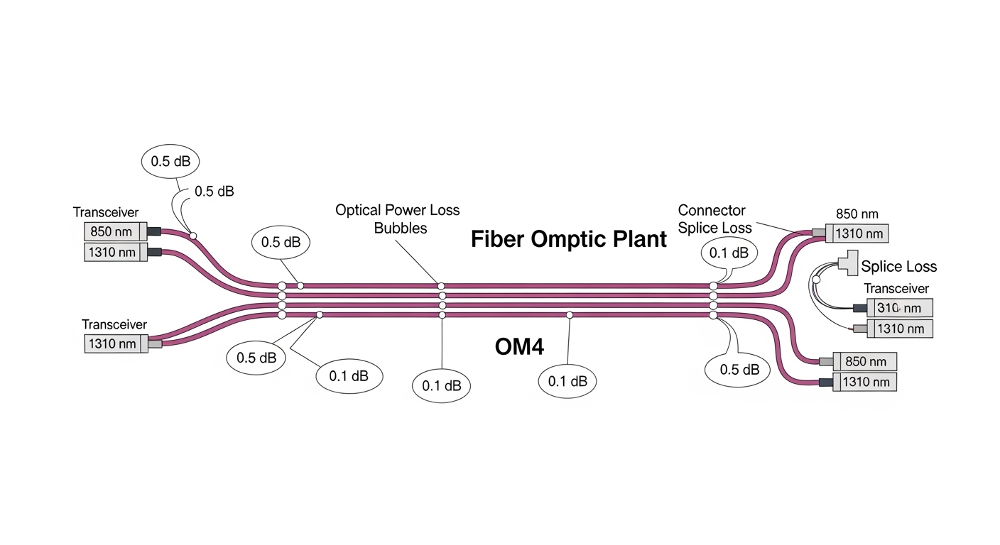 Clean engineering illustration, top-down schematic of a fiber plant with OM4 cable segments, labeled connector and splice los
