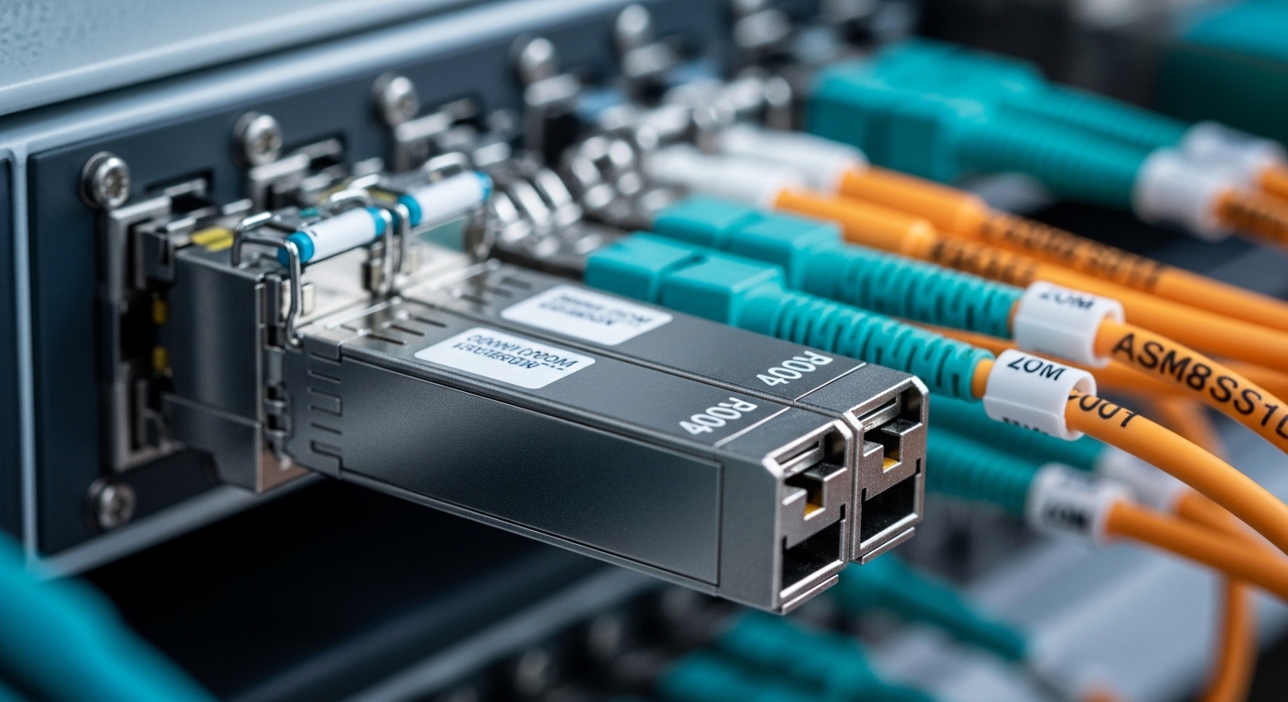 Photorealistic close-up of two 400G QSFP-DD transceivers seated in a high-density AI leaf switch chassis, fiber patch cords l