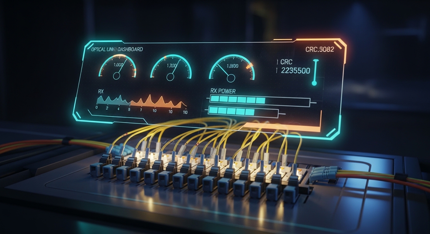 Concept art scene of an optical link “health dashboard”: a translucent holographic overlay showing RX power bars, temperature