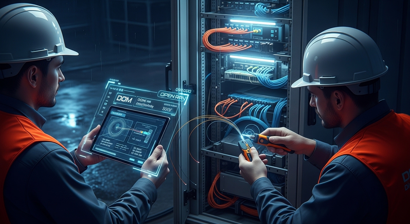 Concept art style scene of a night-time telecom maintenance crew using a tablet and fiber inspection tools near an Open RAN r