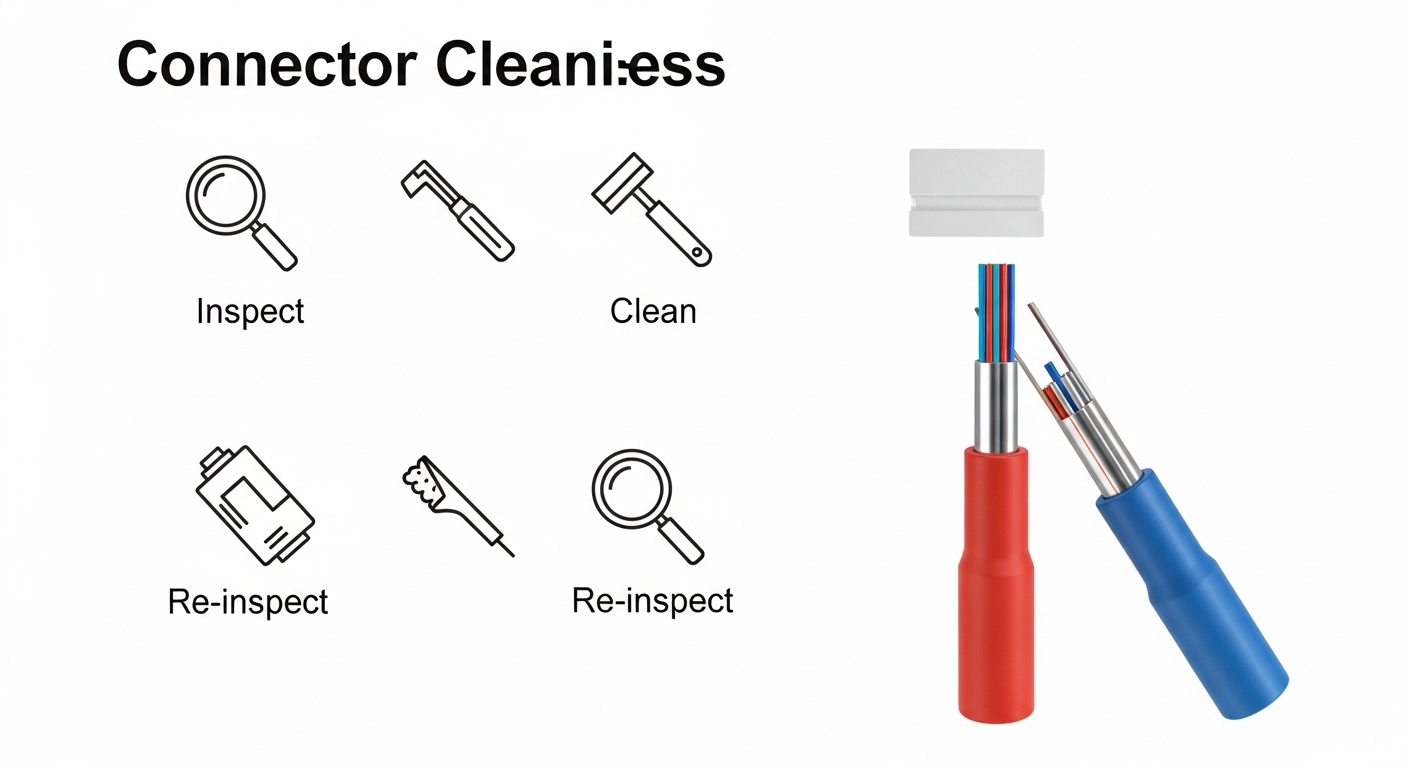 Illustrated engineering diagram showing a rack with SFP28 SR transceivers, OM4 fiber strands, and labeled connector cleanline