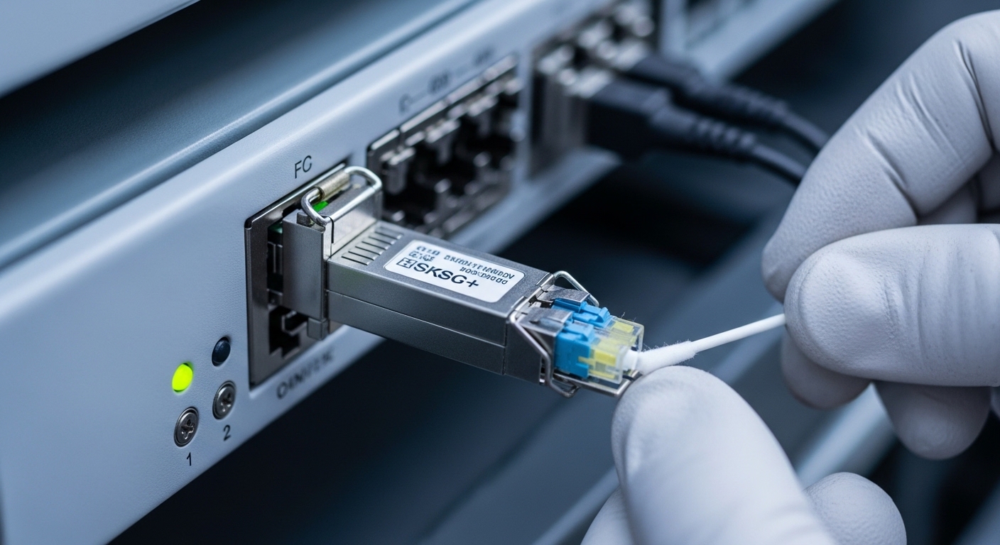 A photorealistic close-up of an SFP+ optical transceiver seated in a metal switch port on a 19-inch rack at an outdoor edge s
