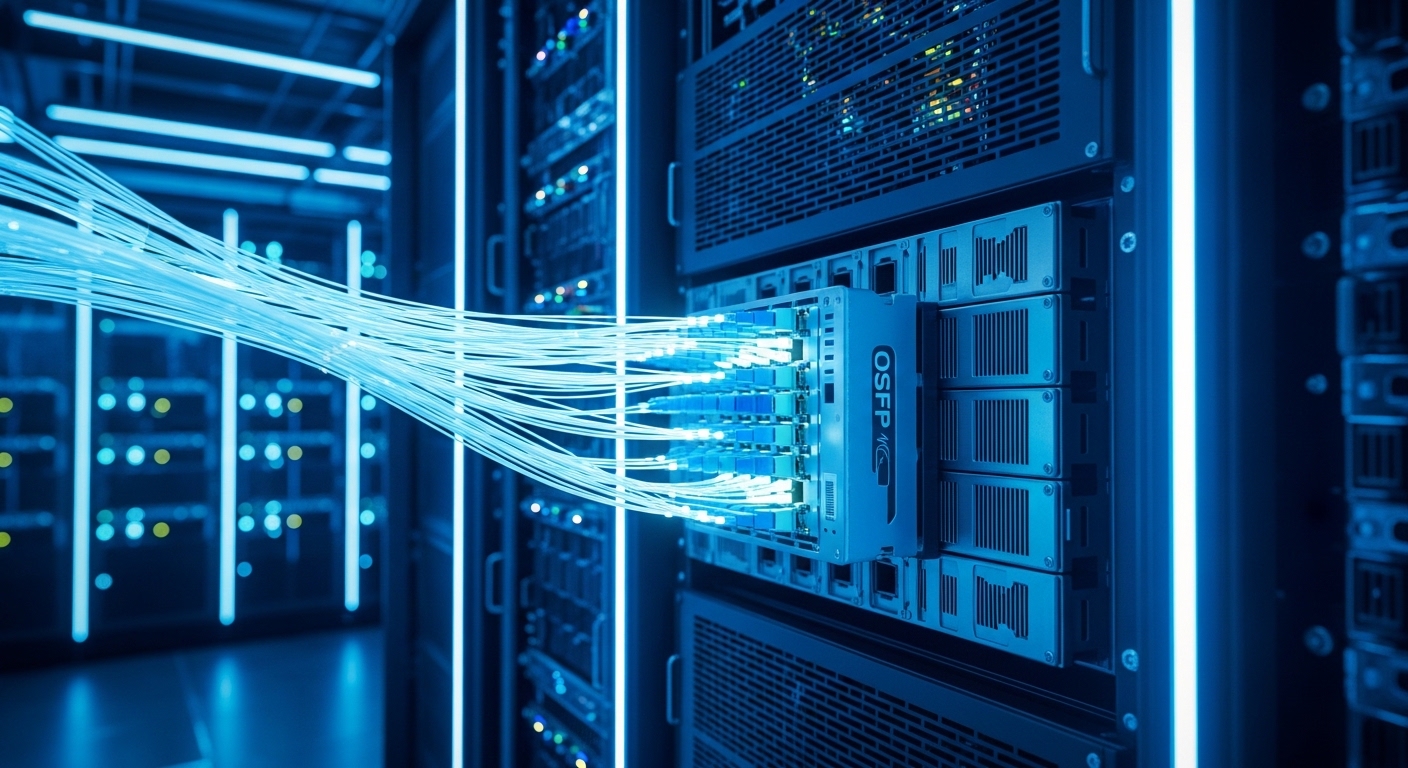 Concept art scene of a futuristic data center rack with glowing fiber lanes converging into an OSFP module, dramatic cinemati