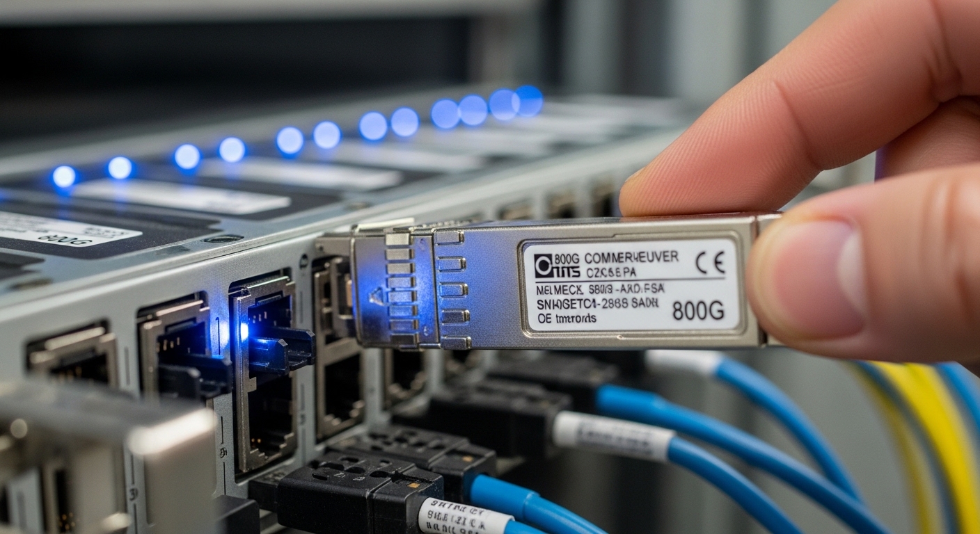 Close-up photography of an 800G coherent-like transceiver module being inserted into a telecom-grade line card in a 19-inch r