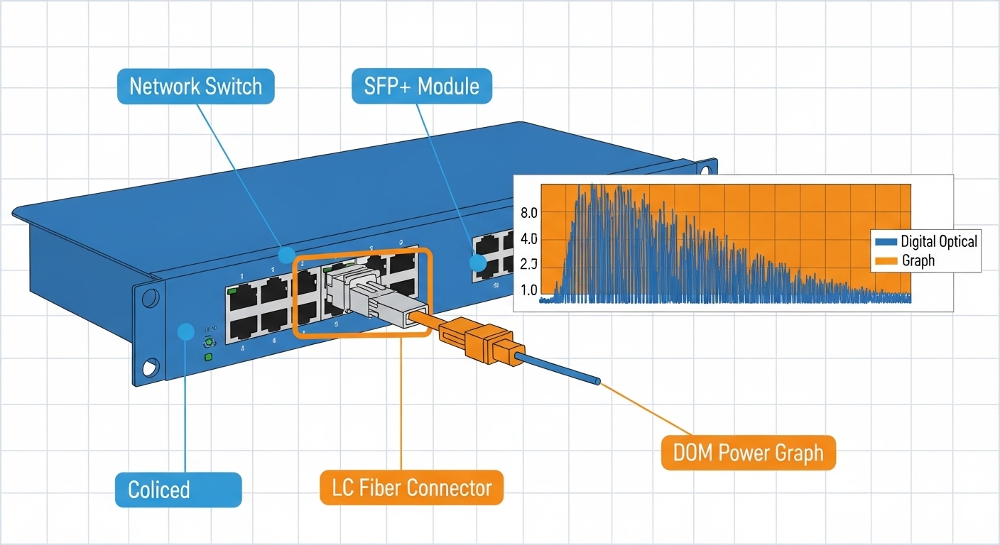 An engineering illustration showing a simplified edge computing rack diagram with a switch, an SFP+ module, an LC fiber conne