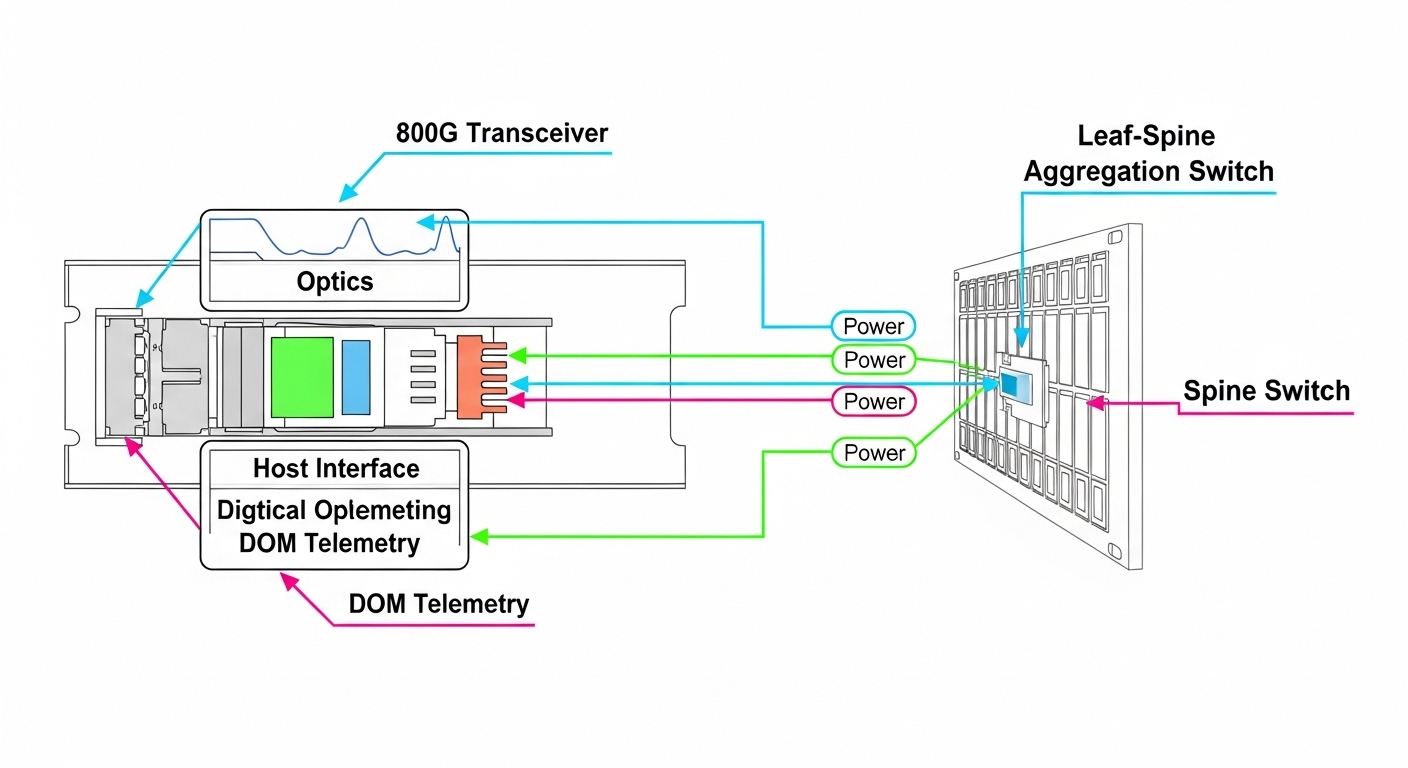 Technical illustration of a telecom rack backplane diagram showing an 800G transceiver module path to a leaf-spine aggregatio