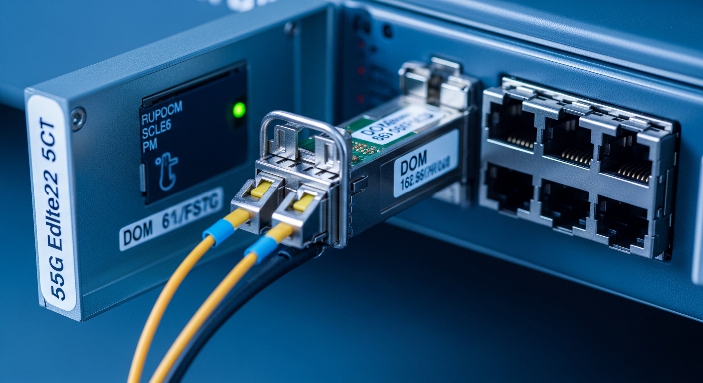 High-resolution macro photography of an SFP28 or SFP module installed in an open 5G edge switch port, showing LC fiber connec