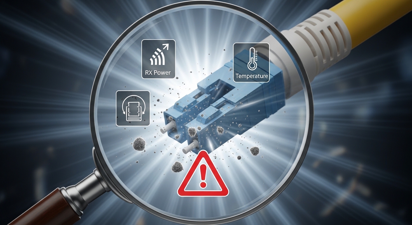 Concept art style scene of a fiber optic connector viewed through a magnifying glass with exaggerated dust particles; overlay
