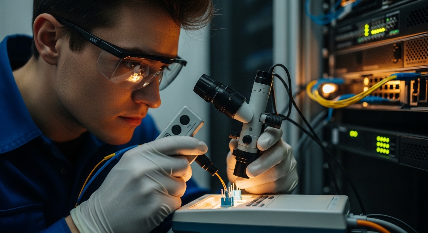 Lifestyle scene with an on-call telecom engineer wearing PPE inspecting fiber connectors with a handheld inspection microscop