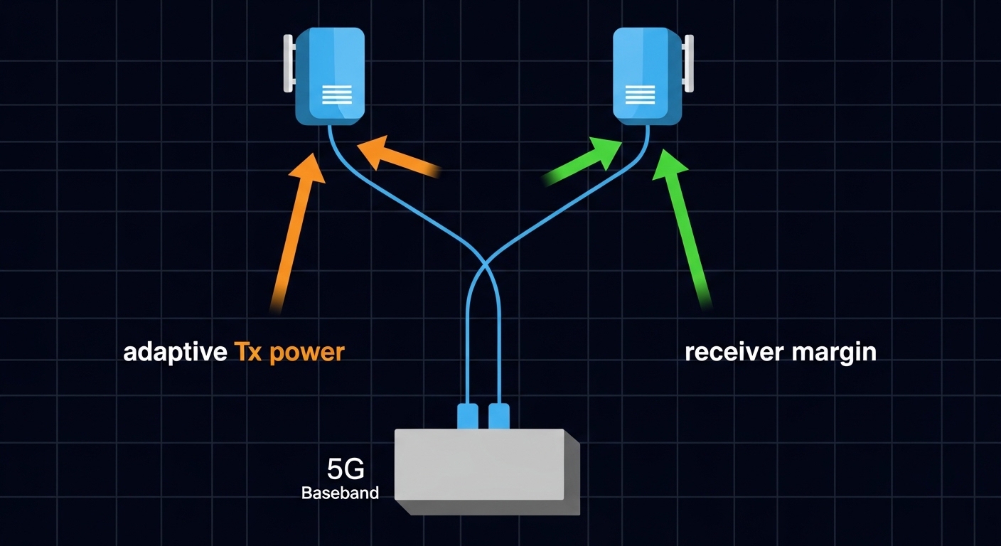 Clear vector illustration showing a 5G baseband unit connected to RRUs through a fiber link, with animated-style arrows label