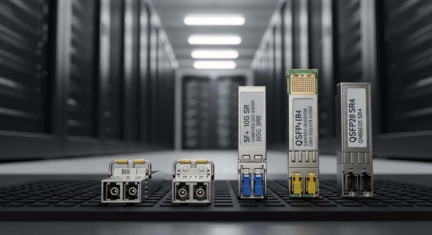A high-resolution product photography scene of several pluggable optics modules (SFP+ 10G SR, QSFP+ SR4, QSFP28 SR4) laid on 