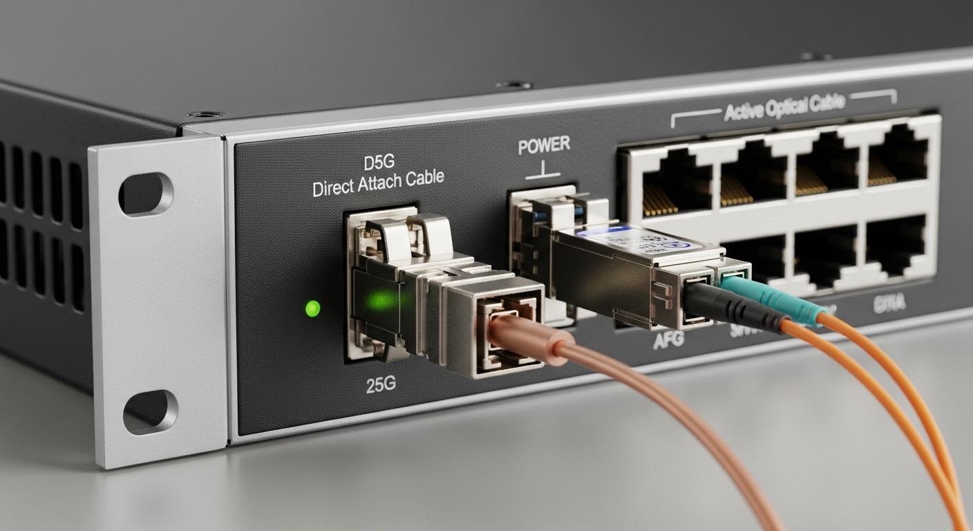 Close-up product photography of a rack-mounted 25G switch with two ports visible, one holding a copper DAC twinax cable trans