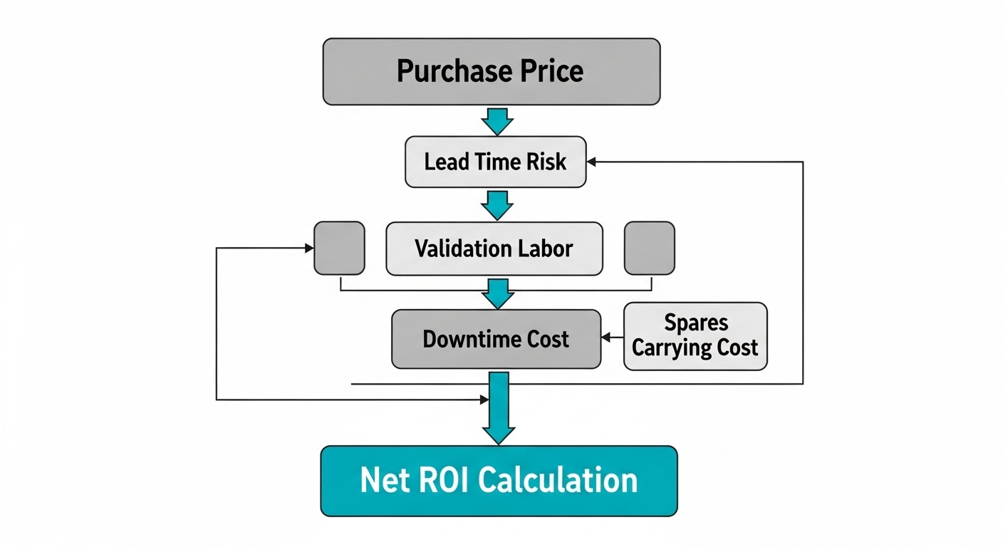 An infographic-style illustration showing a ROI flowchart with boxes labeled Purchase price, Lead time risk, Validation labor