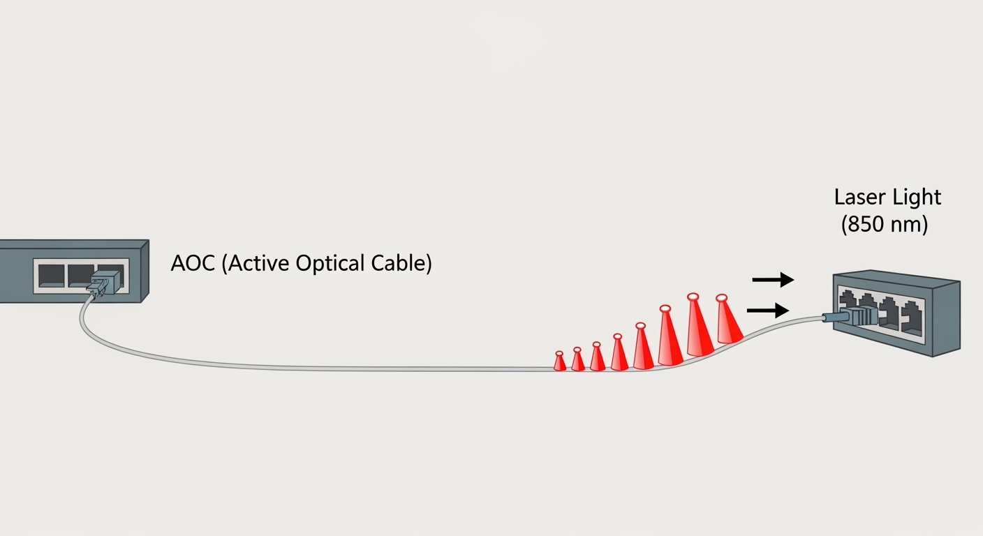 Clean vector illustration showing two side-by-side link diagrams: left side a copper twinax DAC with electrons traveling thro