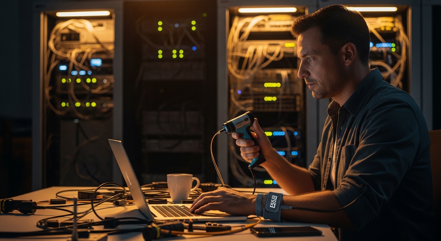 A realistic lifestyle scene inside a network operations center at night, an engineer wearing an ESD wrist strap uses a laptop