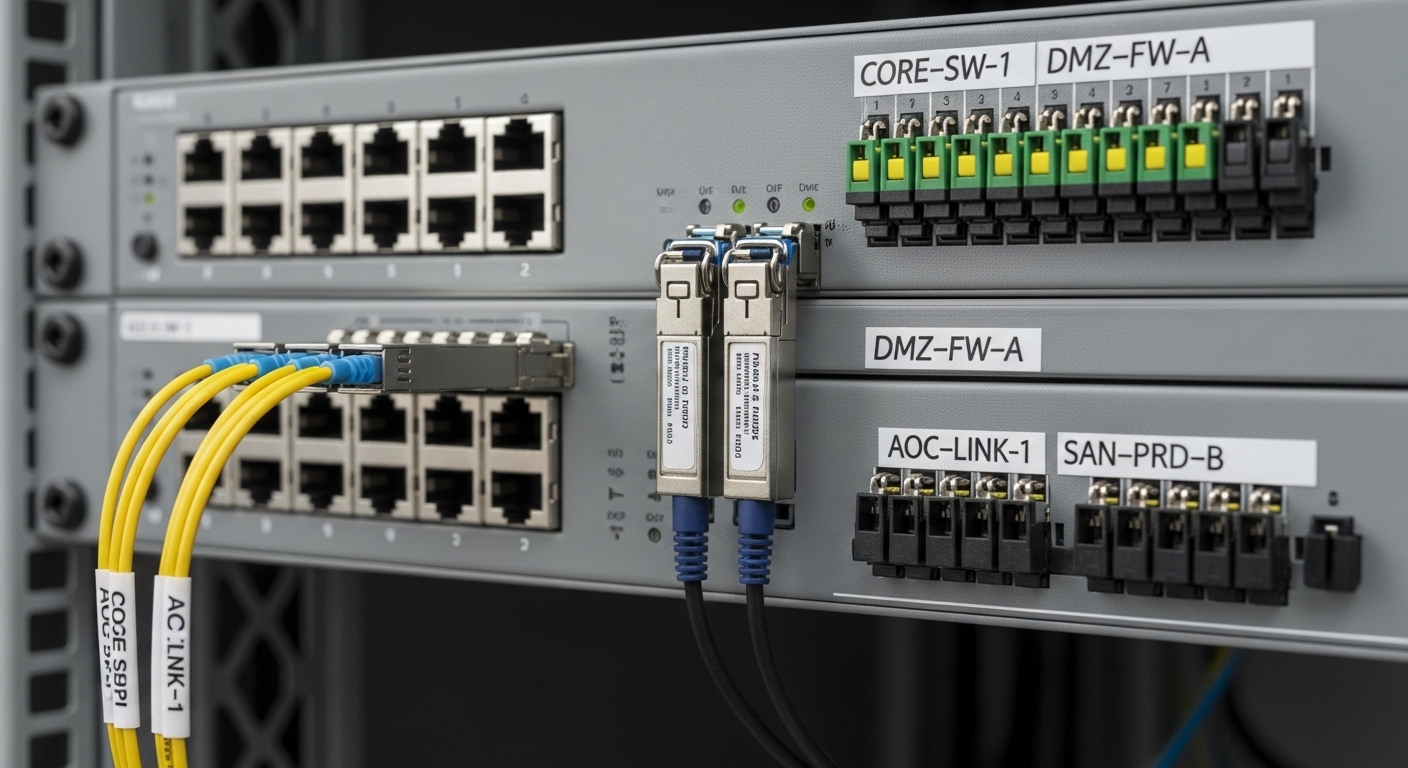 Close-up photography of an enterprise rack bay showing a server switch with multiple SFP cages populated, adjacent fiber patc