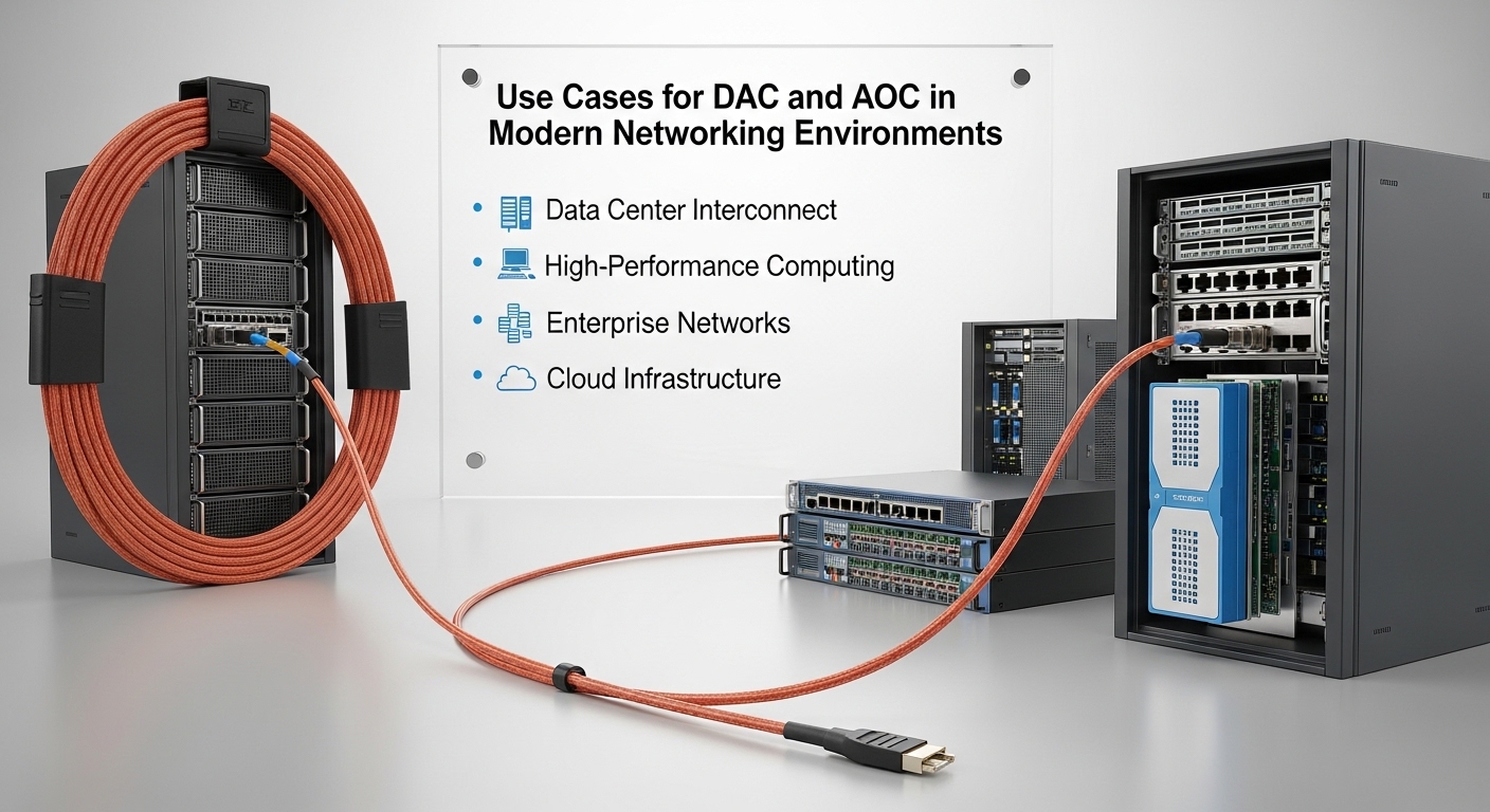 Professional product photography of DAC, Use Cases for DAC and AOC in Modern Networking Environments, clean background, studi