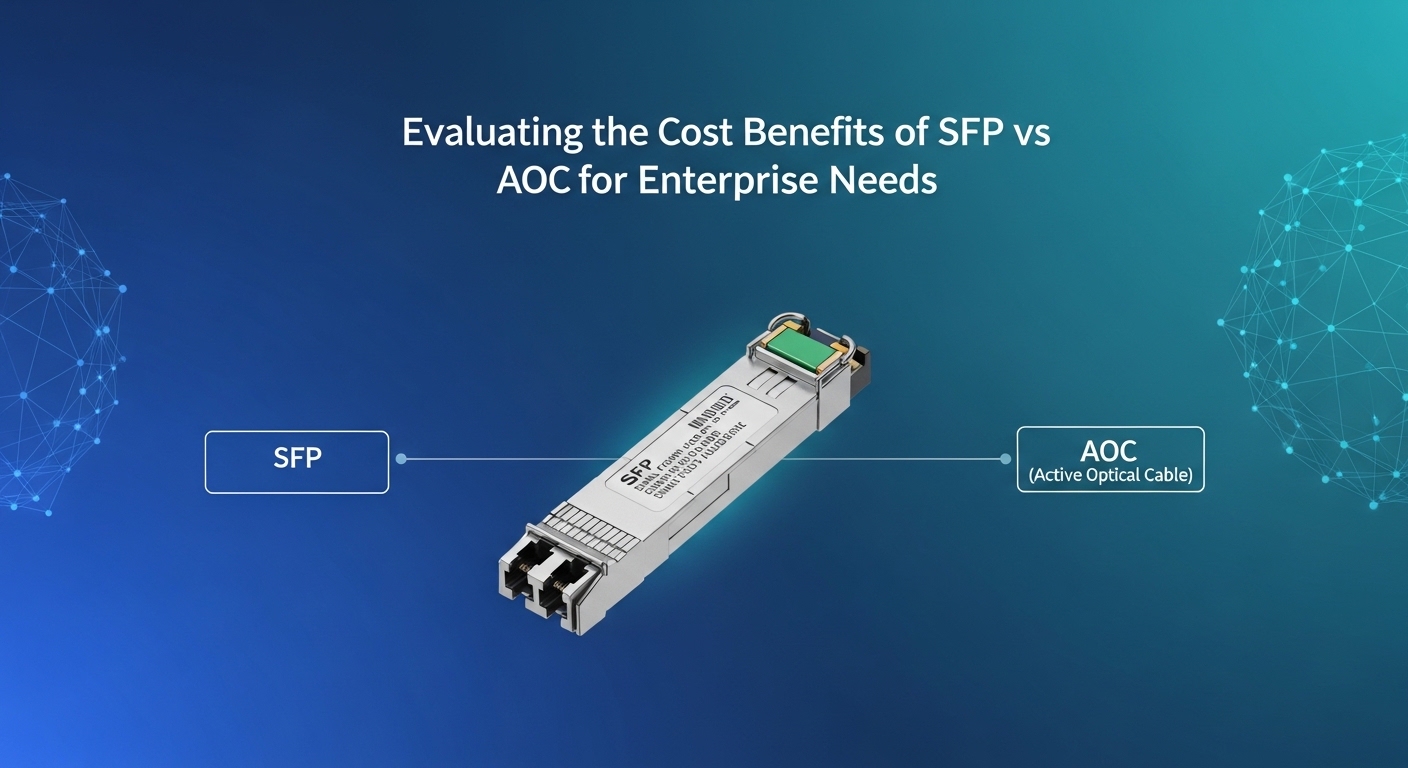 Minimalist design showcasing SFP, Evaluating the Cost Benefits of SFP vs AOC for Enterprise Needs, clean composition, vibrant