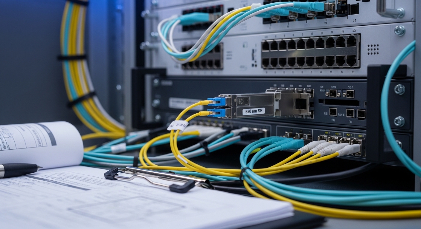 A high-resolution photography scene of an open RAN cabinet with a transceiver module removed from a DU switch port, showing L