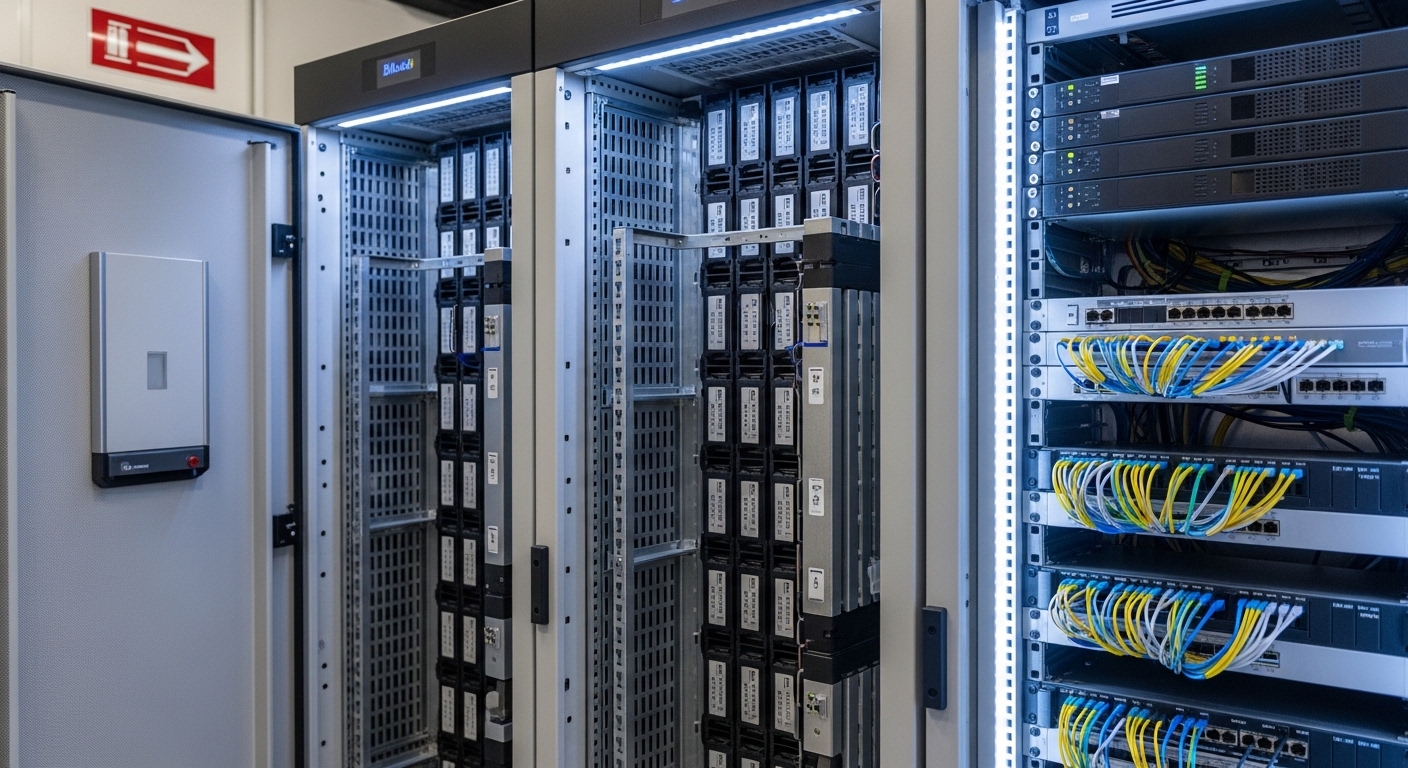 A close-up photography style scene inside a data center UPS room: two tall online UPS cabinets with front doors open showing 