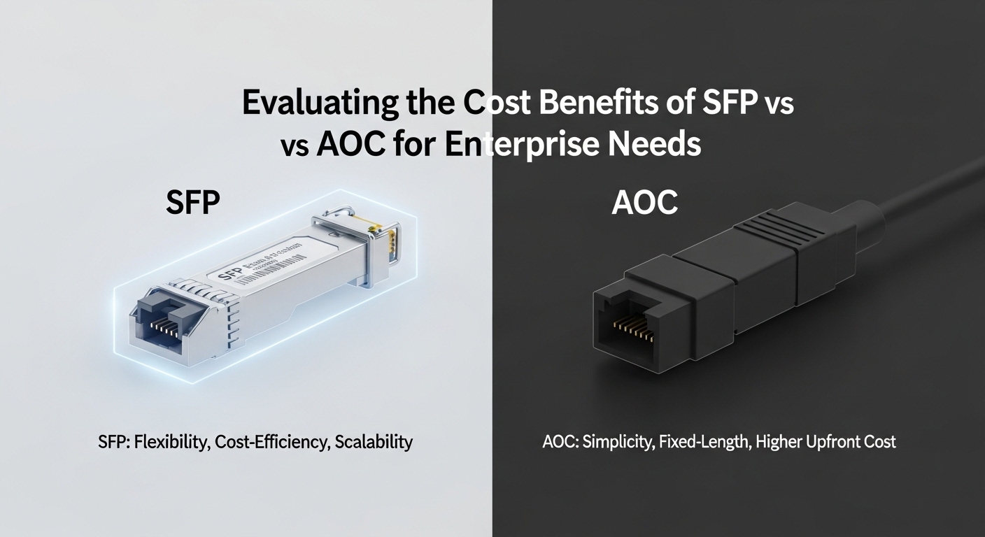 Minimalist design showcasing SFP, Evaluating the Cost Benefits of SFP vs AOC for Enterprise Needs, clean composition, vibrant