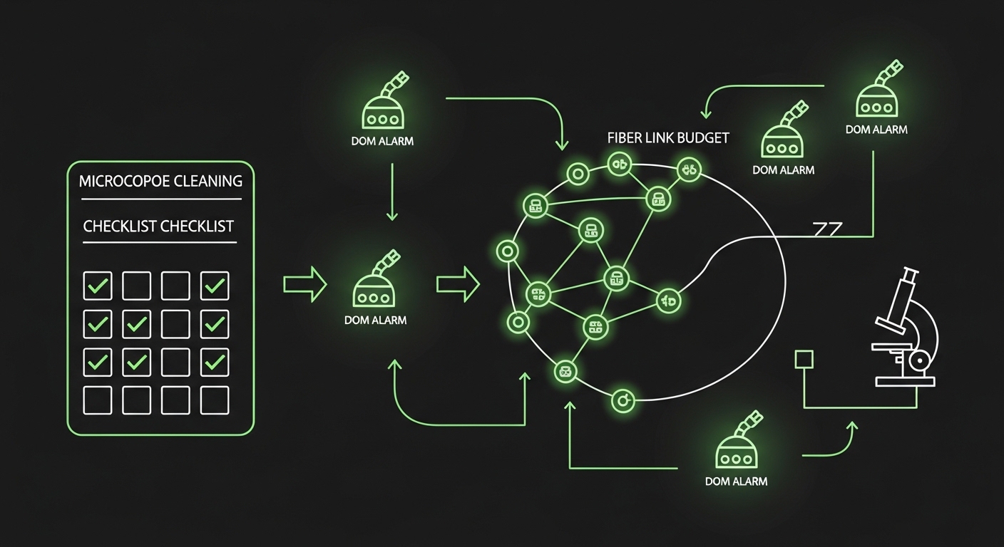 Concept art illustration of a troubleshooting workflow overlay, showing a fiber link budget diagram, DOM alarm icons, and a m