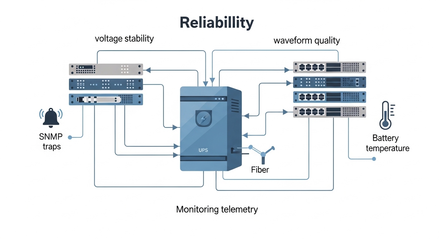 Illustration style concept art showing a layered reliability diagram: UPS at the center feeding a rack of network switches an