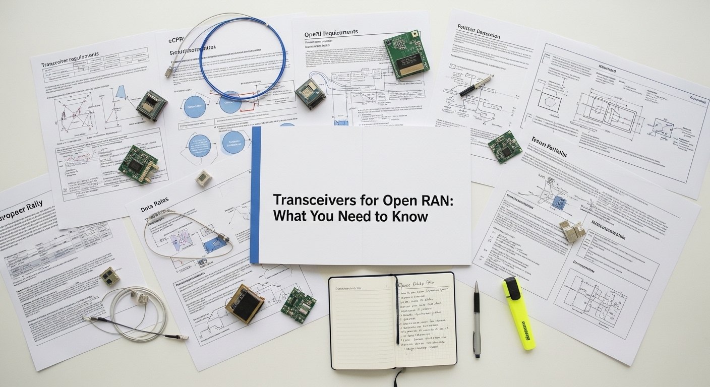 Overhead flat-lay composition of transceiver requirements, Transceivers for Open RAN: What You Need to Know, styled layout, s