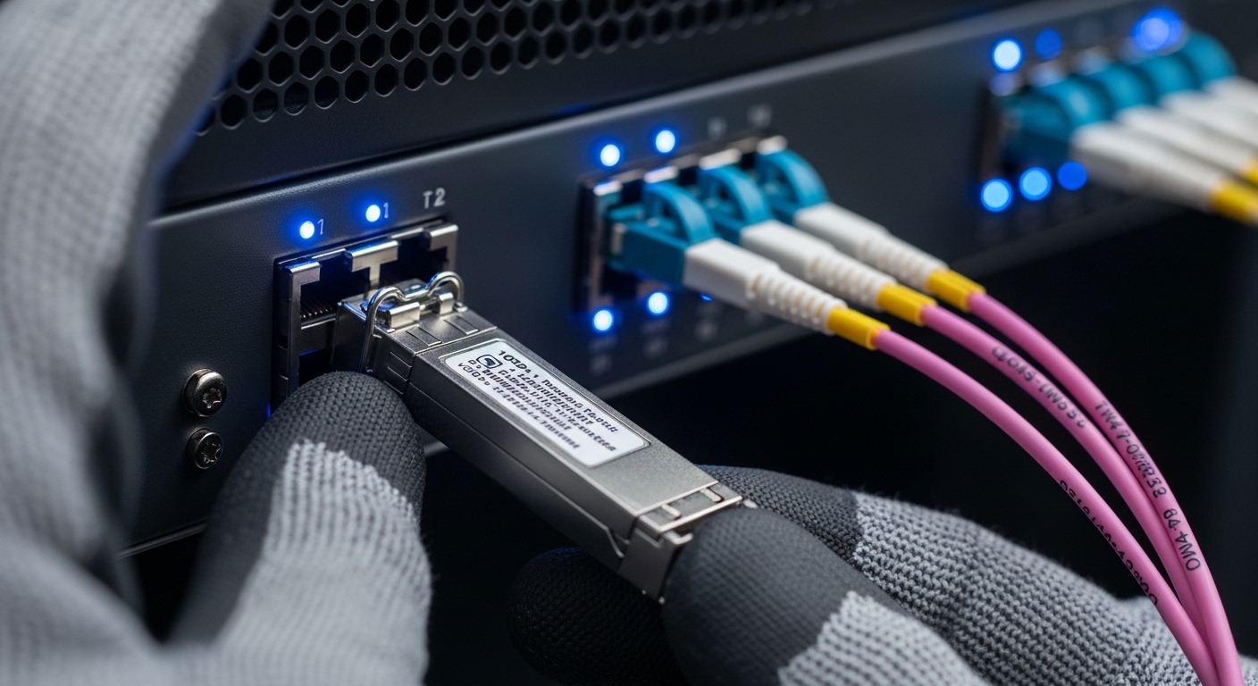 Photorealistic close-up of a fiber optic transceiver inserted into a 10GbE SFP+ port on a rack-mounted enterprise switch, tec