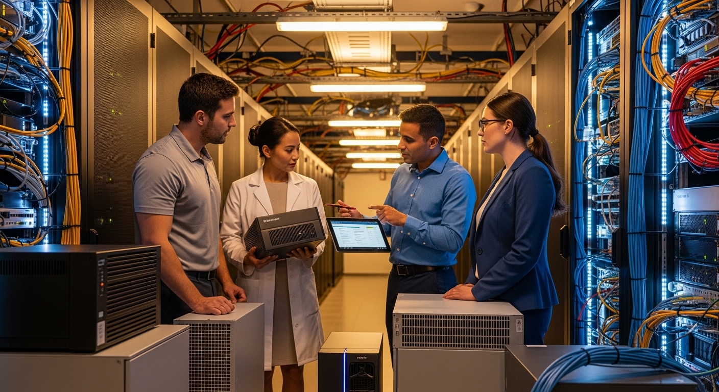 Lifestyle scene featuring UPS selection, Selecting the Right UPS for High-Density Optical Network Environments, warm ambient 