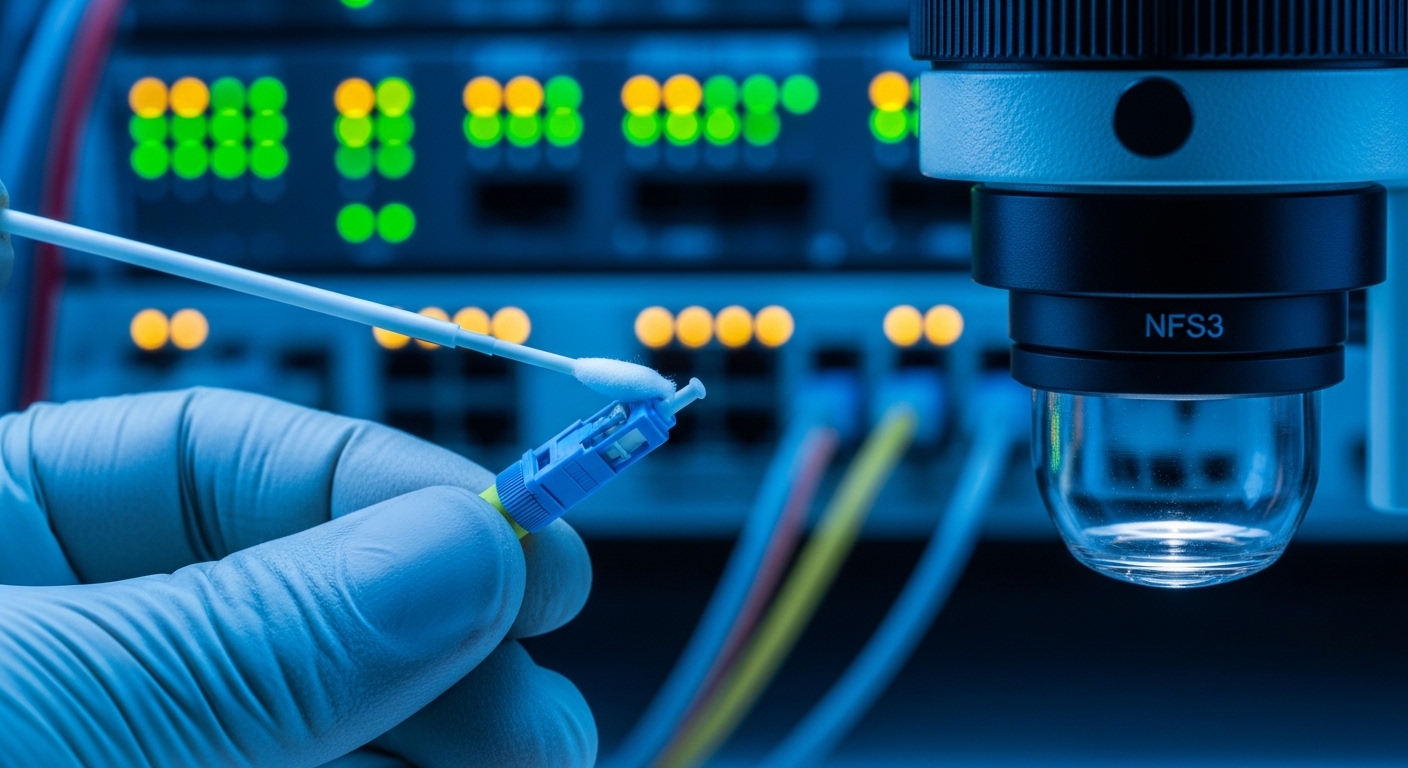 Photorealistic close-up of an LC fiber connector being cleaned with a lint-free swab and an inspection microscope beside a ra