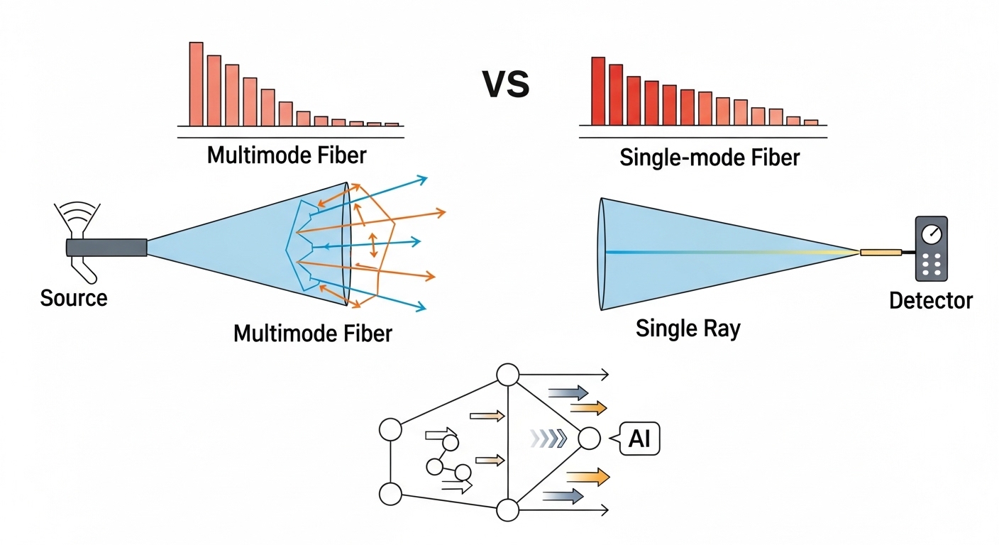 Clean vector-style illustration comparing multimode and single-mode fiber cones with labeled rays; overlay of signal strength