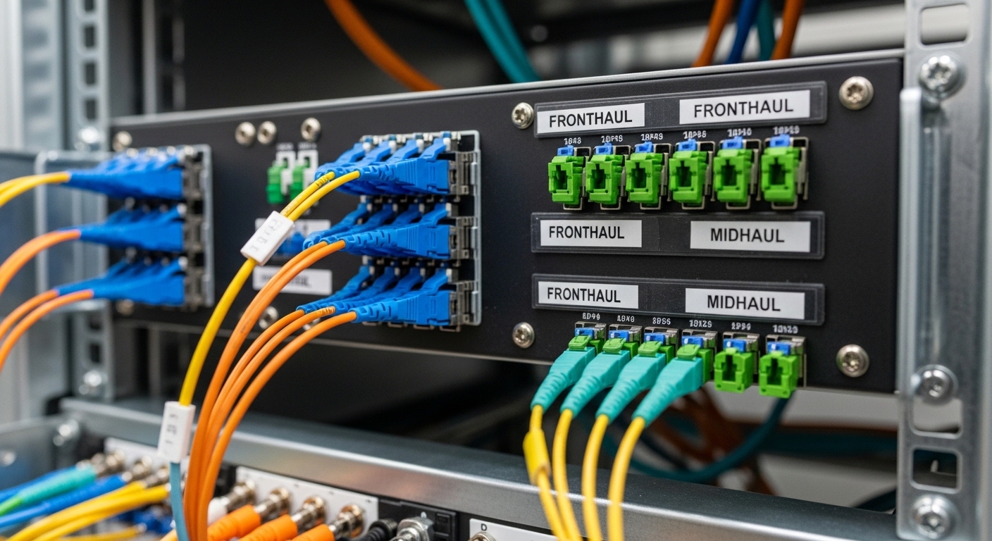 Close-up photography of a fiber optic patch panel in a telecom shelter, showing multiple LC connectors labeled with fronthaul