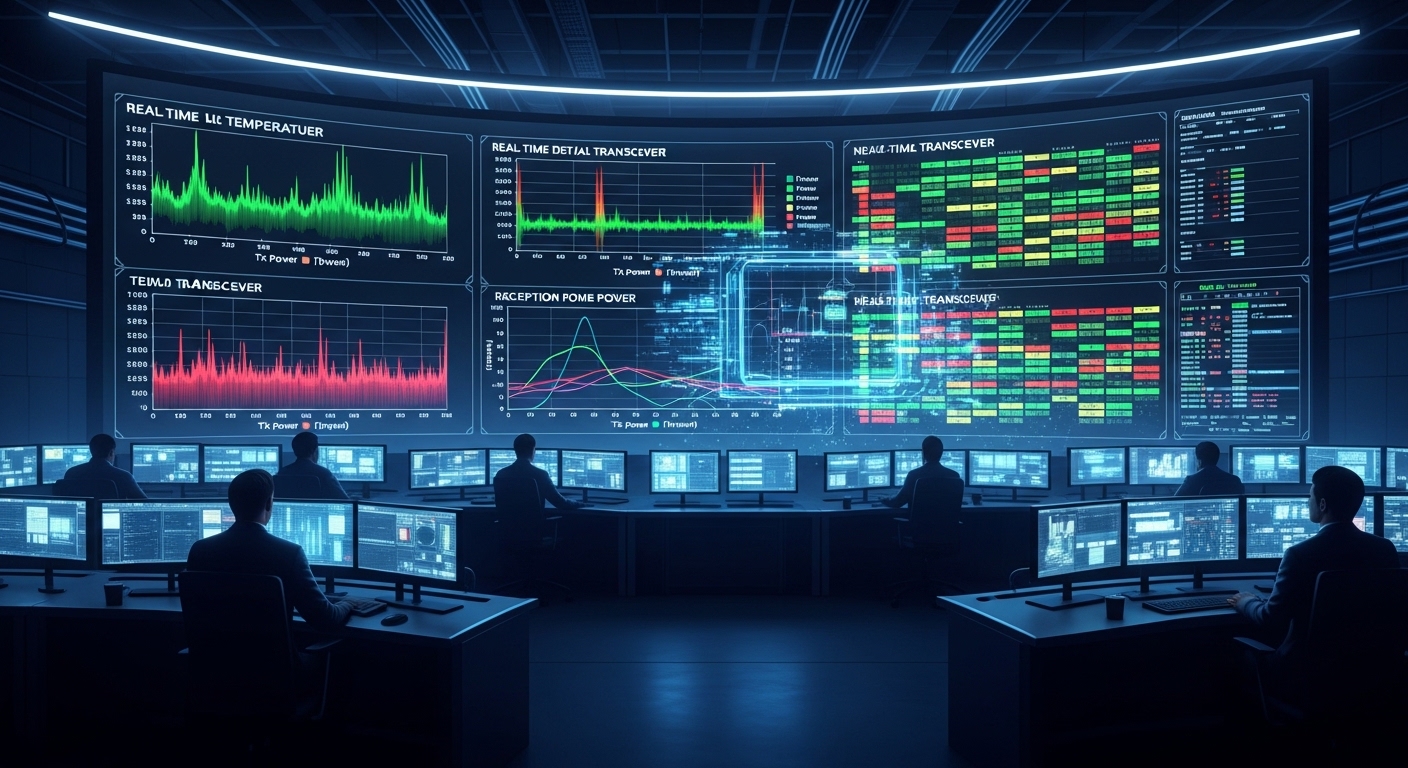 Concept art scene of a network operations control room with a large wall display showing transceiver health graphs (temperatu