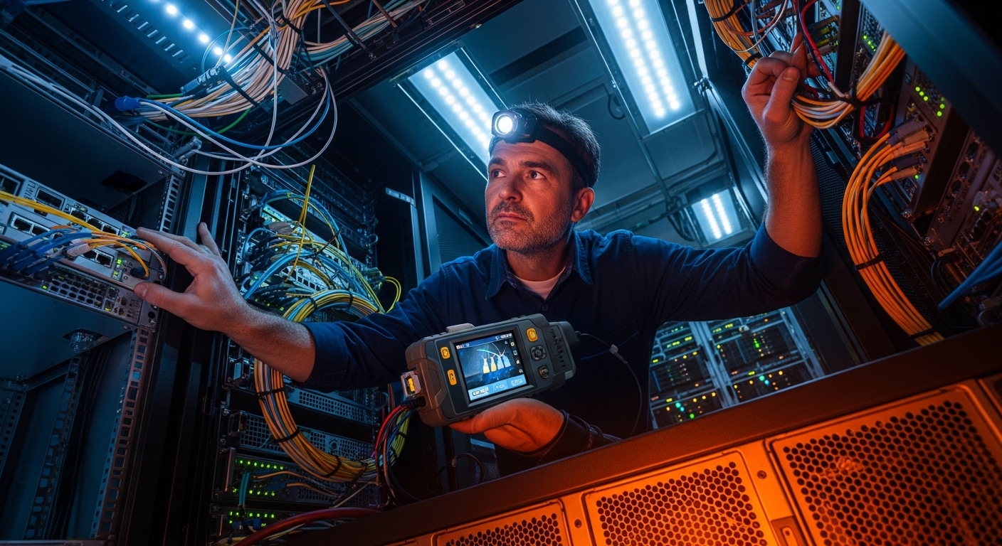 Concept art style scene of a technician holding a handheld fiber inspection tool inside a server rack; dramatic lighting with