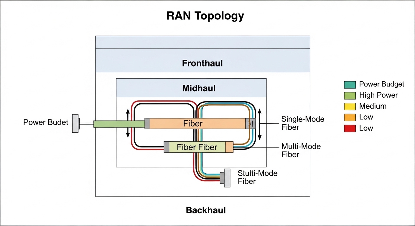 Vector illustration in a clean engineering style showing a three-layer RAN topology diagram (Fronthaul, Midhaul, Backhaul) wi