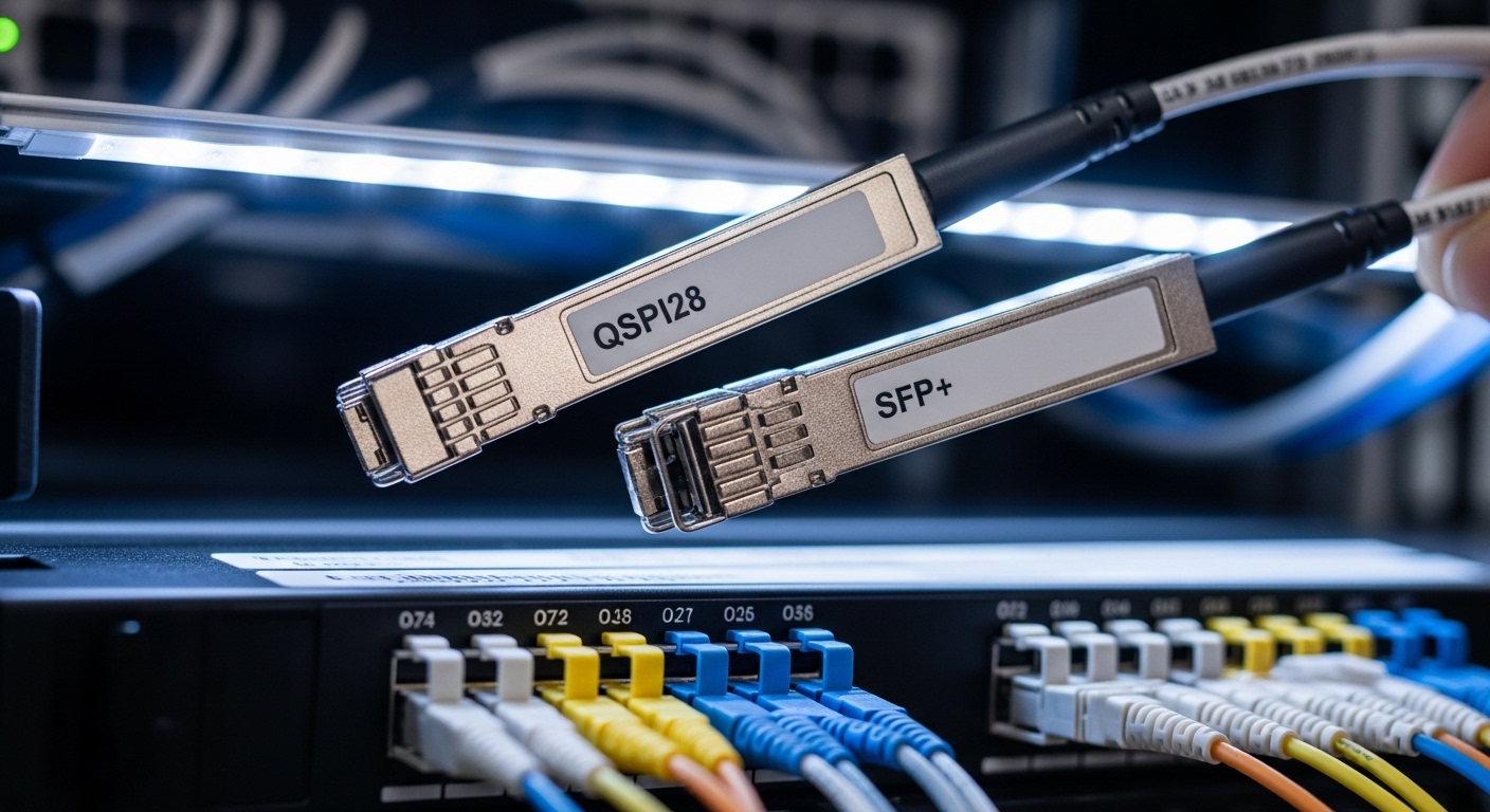Close-up macro photography of two pluggable transceiver modules (one labeled QSFP28, one labeled SFP+) held above a fiber pat