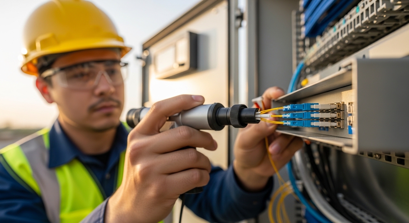 Lifestyle-style scene of a field engineer wearing PPE inspecting fiber connectors with a handheld inspection scope inside a t