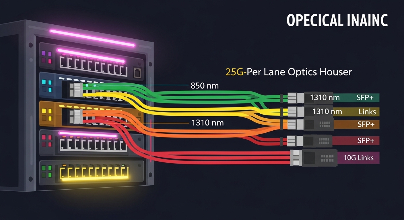 Stylized vector illustration of a data center rack with colored lanes showing 25G-per-lane optics inside QSFP28 and single 10