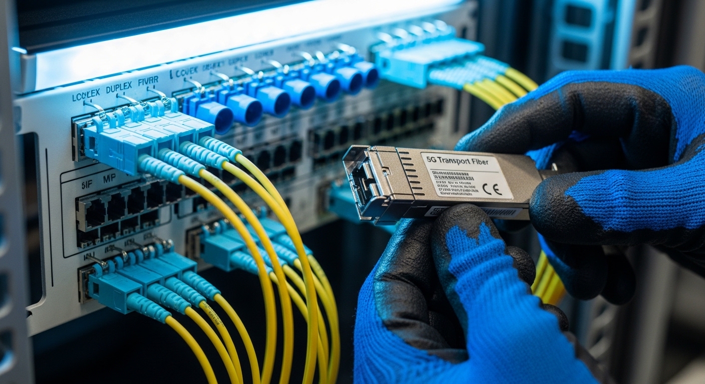 Photorealistic close-up of an LC duplex fiber patch panel inside a telecom rack, with a technician wearing gloves holding a 5