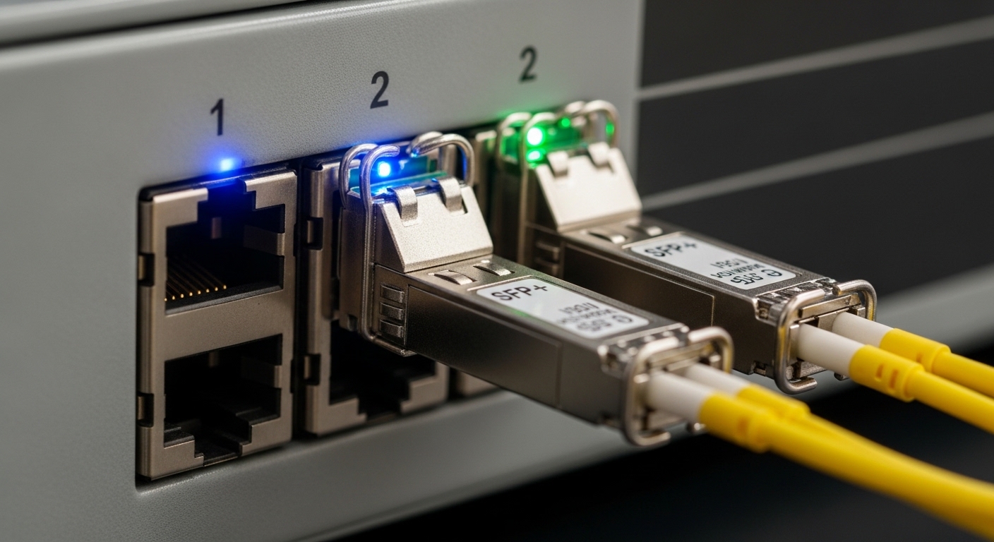 Close-up photography of two hot-swappable SFP+ transceivers seated in a telecom-grade switch front panel, fiber patch cords c