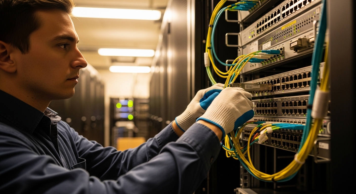 Realistic lifestyle scene inside a server-room with an engineer wearing ESD-safe gloves plugging QSFP28 transceivers into a s