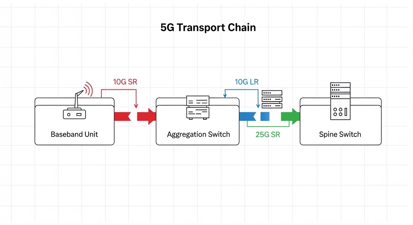 Clean vector illustration of a 5G transport chain from baseband to aggregation switch to spine, with colored arrows labeled 1
